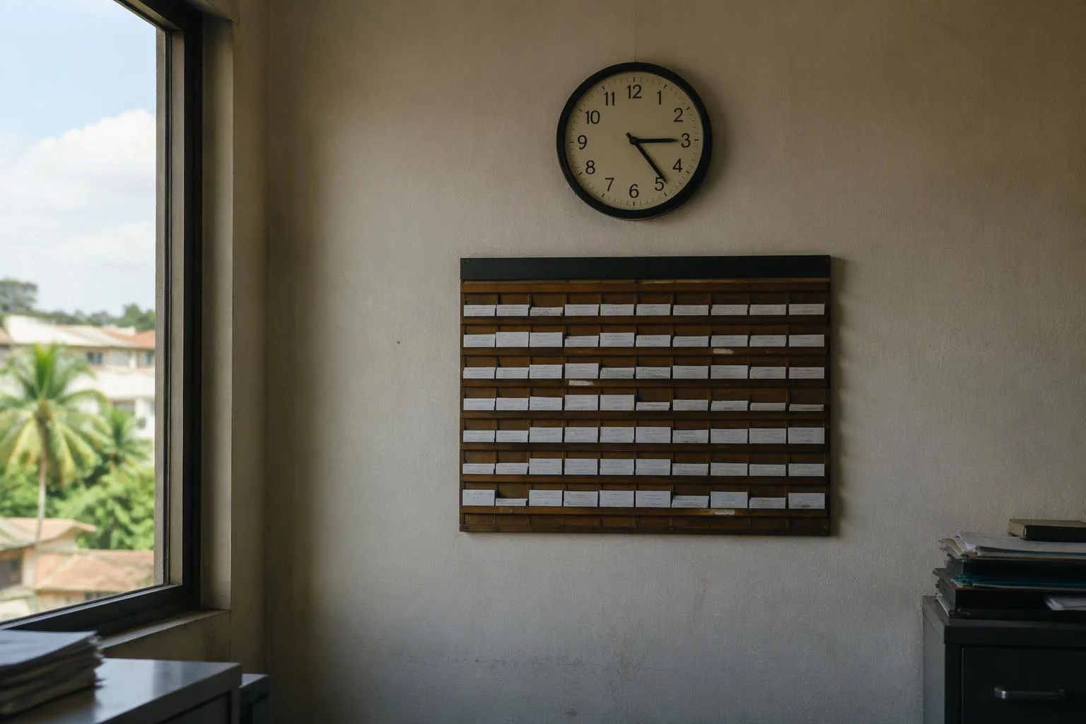Relógio de parede acima do quadro de plantão da equipe
