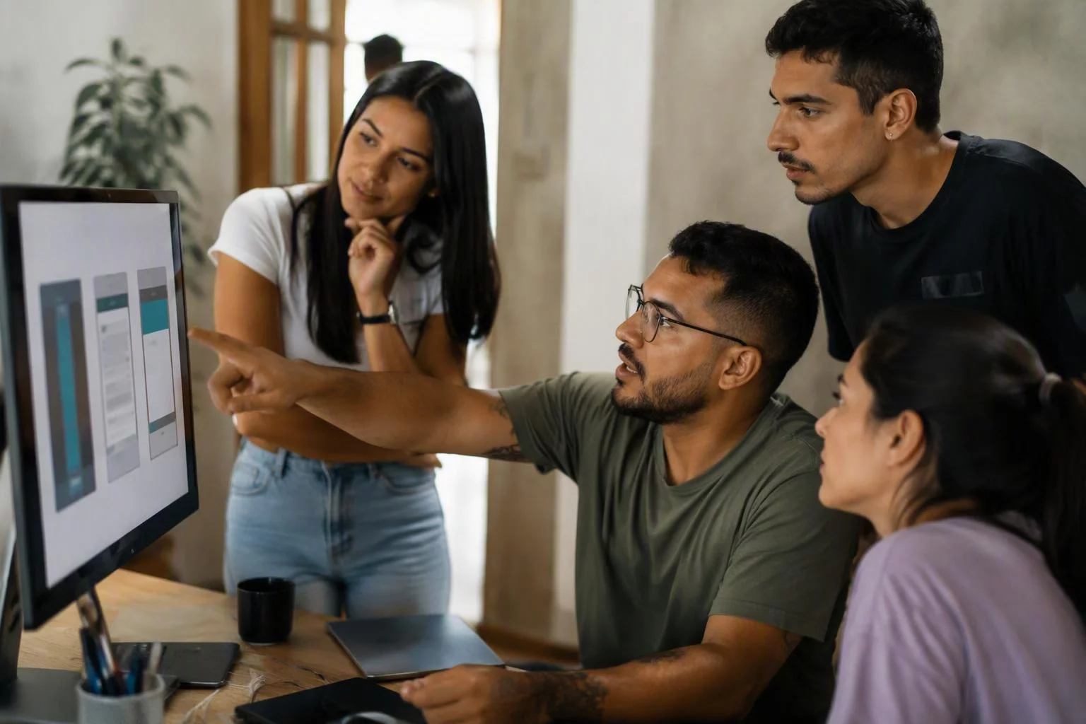 Equipe reunida diante de um monitor com as telas do aplicativo